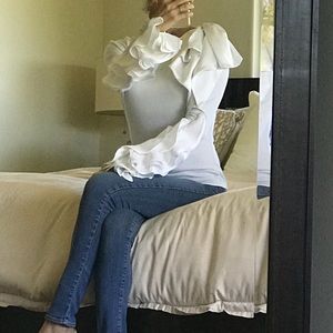 White Ruffle Long Sleeve T-shirt blouse.
